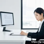 인터넷정보검색 실기 시험에서 출제된 최신 문제 유형 - A modern Japanese office scene showing a young professional woman sitting at a sleek desk with a hig...