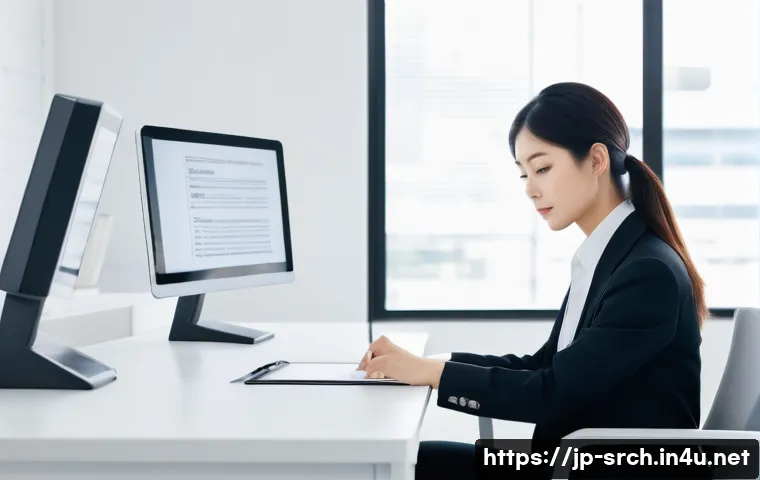 인터넷정보검색 실기 시험에서 출제된 최신 문제 유형 - A modern Japanese office scene showing a young professional woman sitting at a sleek desk with a hig...