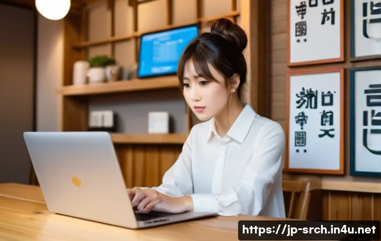 인터넷정보검색 실무에서 발생한 검색 오류 해결 일지 - A modern Japanese caf&eacute; scene showing a young professional woman sitting at a table with a laptop, ch...