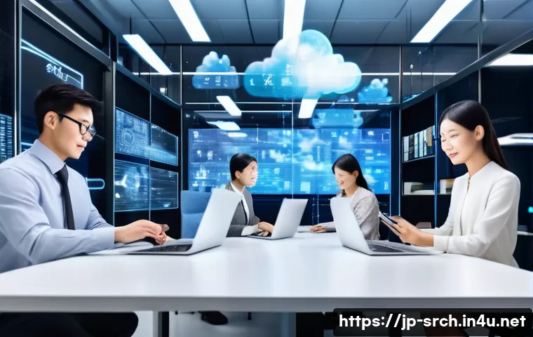 인터넷정보검색 실무와 클라우드 기반 검색 기술 - A modern office scene depicting a diverse group of Japanese professionals using cloud-based search t...