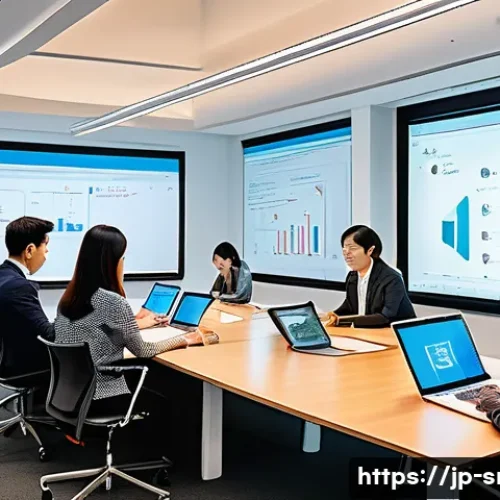 인터넷정보검색 자격증 취득 후 프로젝트 관리 경험 - A modern Japanese office scene with a diverse project team collaborating around a large table, using...