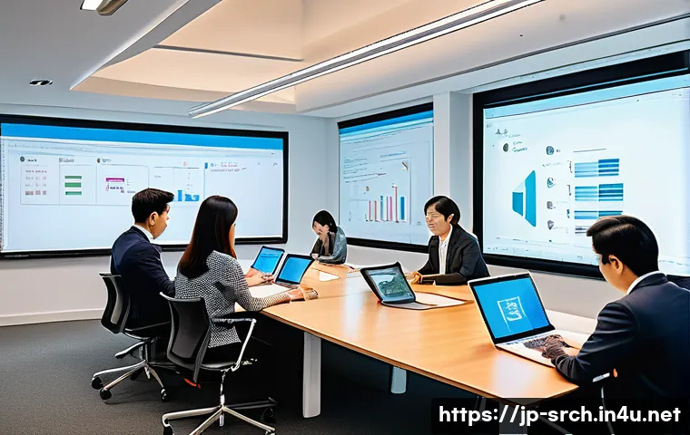 인터넷정보검색 자격증 취득 후 프로젝트 관리 경험 - A modern Japanese office scene with a diverse project team collaborating around a large table, using...