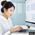 인터넷정보검색 자격증과 디지털 리서치 기술의 연계성 - A modern Japanese office scene showing a young professional woman using a laptop and smartphone simu...
