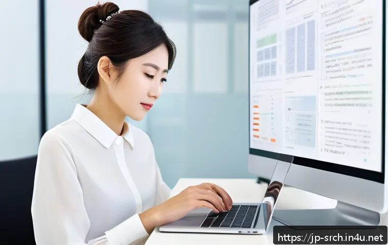 인터넷정보검색 자격증과 디지털 리서치 기술의 연계성 - A modern Japanese office scene showing a young professional woman using a laptop and smartphone simu...