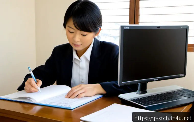 인터넷정보검색 실기 시험에서 자주 다뤄지는 사례 분석 - Photorealistic Japanese adult learner at a clean home study desk, carefully comparing printed case-s...