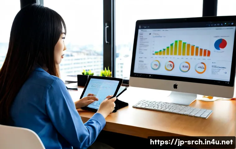 인터넷정보검색 실무와 연계된 시장 조사 기술 - Photorealistic Japanese market research analyst at a clean modern desk, reviewing online information...