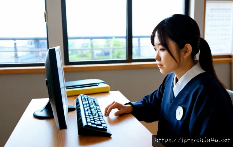 인터넷정보검색 실기 시험에서 점수를 올리는 비결 - Photorealistic Japanese adult student practicing an internet information search exam at a tidy desk,...